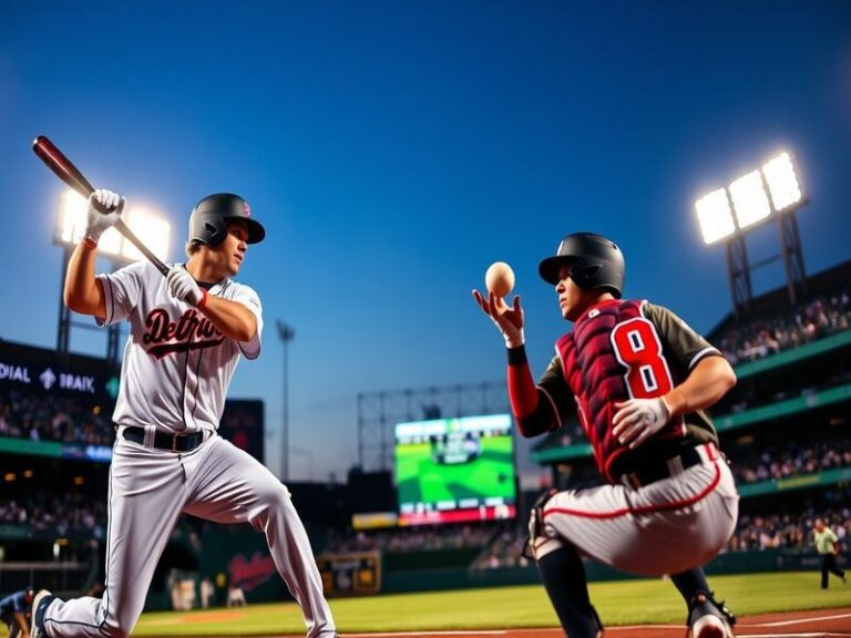 An intense baseball game scene featuring the Tigers and Diamondbacks in action, with fans cheering in the stands, showcasing