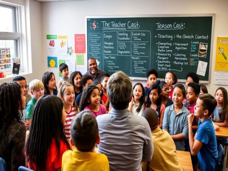 A vibrant classroom scene featuring diverse students engaged in learning, with a teacher at the front, illustrating themes of