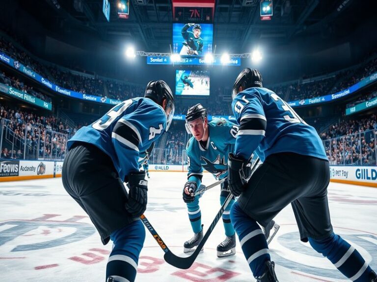 An intense hockey game between the St. Louis Blues and the San Jose Sharks, showcasing players in action, fans cheering, and