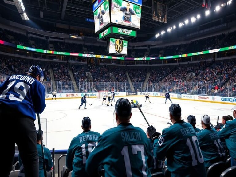 An action-packed hockey game between the Vancouver Canucks and Vegas Golden Knights, featuring players in intense competition