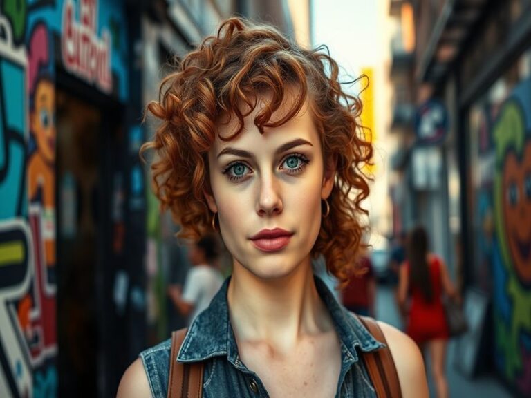 A vibrant portrait of Tessa Johnson in a creative studio, surrounded by her artwork and musical instruments, reflecting her a
