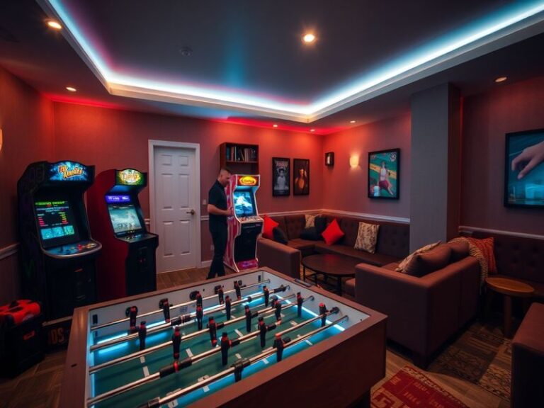 An engaging screenshot of Rec Room showcasing users interacting in a vibrant, colorful virtual environment filled with games