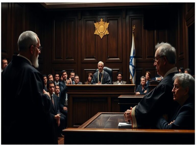 A courtroom scene in Israel, highlighting the legal process, with a focus on the balance of justice and morality.