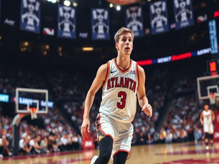 A dynamic action shot of Kevin Huerter in a game, showcasing his athleticism and focus, set against the backdrop of a packed