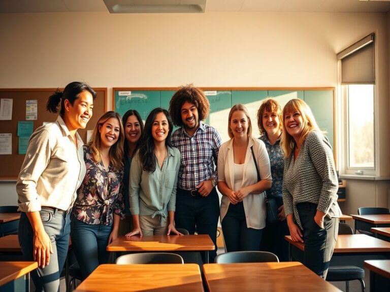 A vibrant classroom scene featuring diverse students and teachers engaged in a lively discussion, highlighting the collaborat