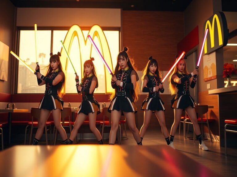 An eye-catching graphic featuring K-Pop idols dressed as demon hunters, surrounded by McDonald's iconic branding and colorful