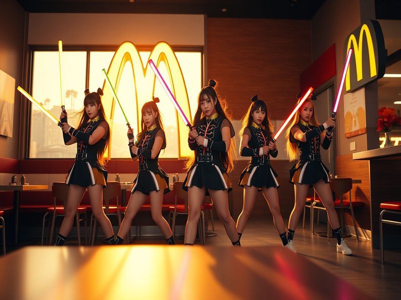 An eye-catching graphic featuring K-Pop idols dressed as demon hunters, surrounded by McDonald's iconic branding and colorful