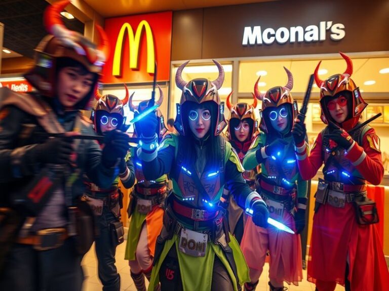An illustrative image of K-Pop demon hunters enjoying McDonald's meals, featuring vibrant colors and action-packed scenes.