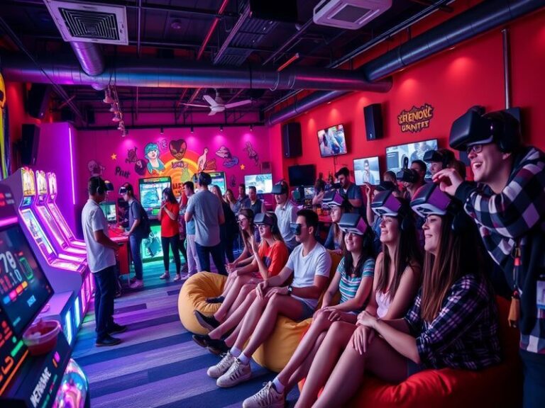 A vibrant scene from Rec Room showcasing users interacting in a colorful, creative virtual environment filled with custom roo