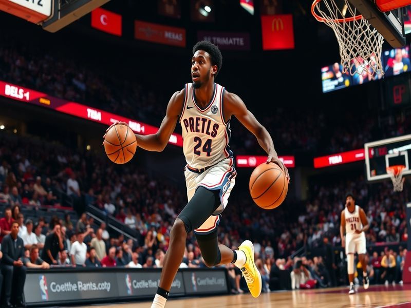 A dynamic action shot of Caris LeVert dribbling the basketball on the court, showcasing his agility and focus during a game.
