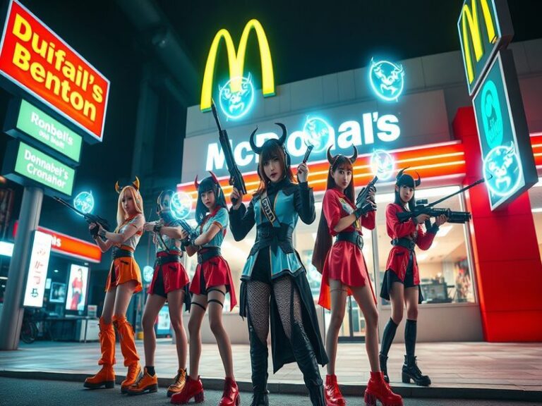 A vibrant promotional image featuring K-Pop idols in elaborate demon hunter costumes, set against a backdrop of a McDonald's