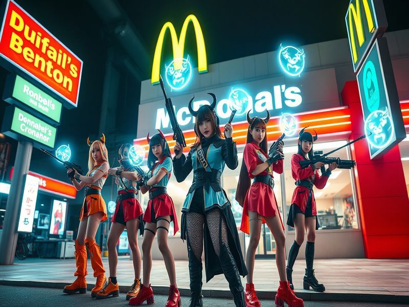 A vibrant promotional image featuring K-Pop idols in elaborate demon hunter costumes, set against a backdrop of a McDonald's