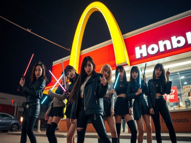 A vibrant illustration featuring K-Pop idols dressed as demon hunters, set against a McDonald's backdrop with colorful packag