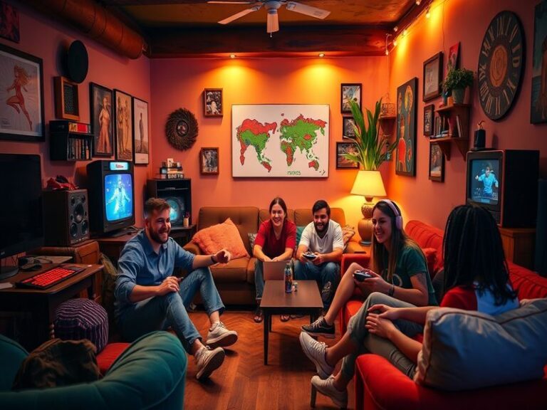 A vibrant screenshot of a Rec Room environment, showcasing diverse avatars engaging in a creative game, highlighting the inte