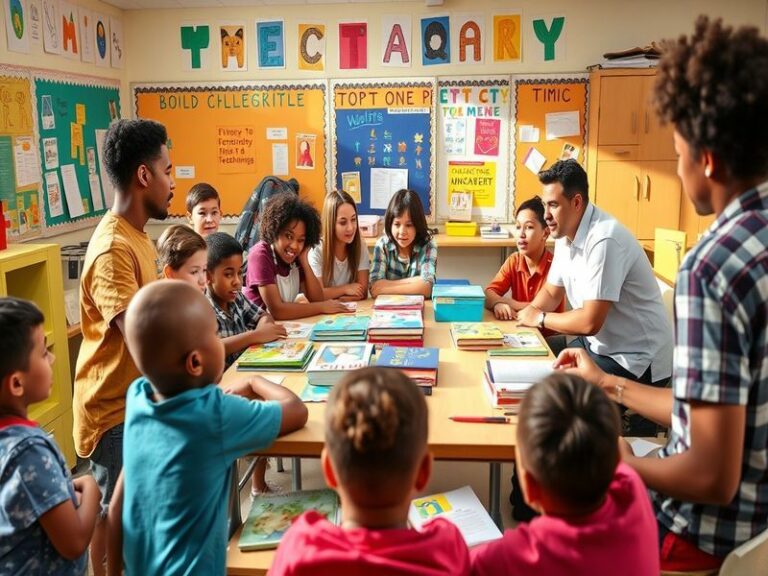 A vibrant classroom scene depicting the main cast of The Teacher Channel 5, engaged in a lively discussion with students, sho