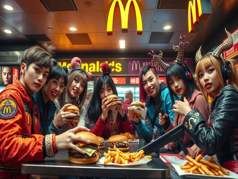 A vibrant collage featuring K-Pop idols, demon hunter imagery, and McDonald's iconic branding, set against a colorful backdro