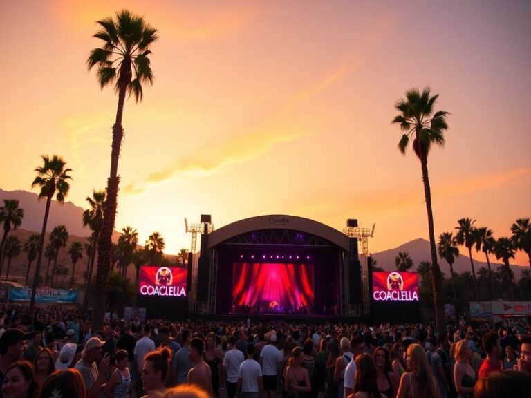 A vibrant festival scene at Coachella with colorful lights, diverse crowds, and iconic performances, capturing the energy and