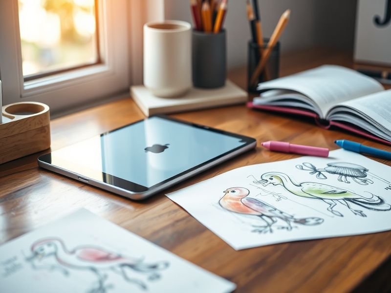 An image of the latest Apple iPad model on a desk, showcasing its sleek design and vibrant display, with a stylus and keyboar