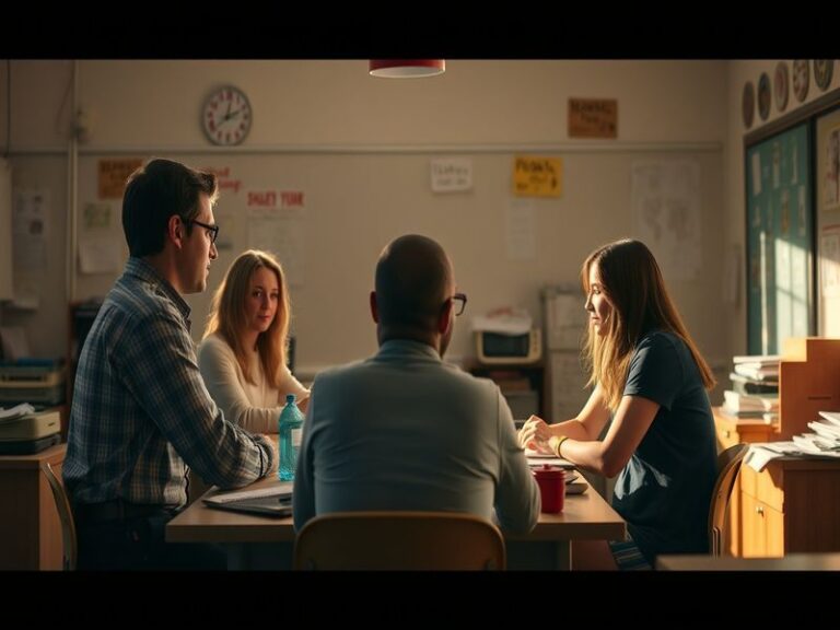 A vibrant classroom scene depicting a teacher engaging with students, showcasing diverse interactions and a dynamic learning