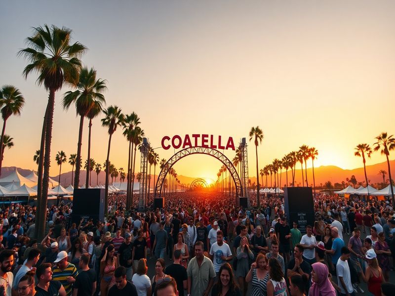 A vibrant festival scene at Coachella featuring a diverse crowd enjoying live music under a sunset sky.
