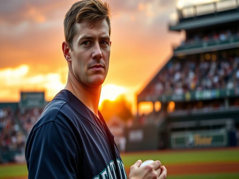 A dynamic image of Paul Sewald pitching in a Seattle Mariners uniform during a game, showcasing intensity and focus on the mo