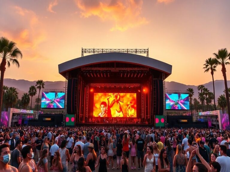 A vibrant scene from Coachella, showcasing a diverse crowd enjoying live music, colorful outfits, and art installations under