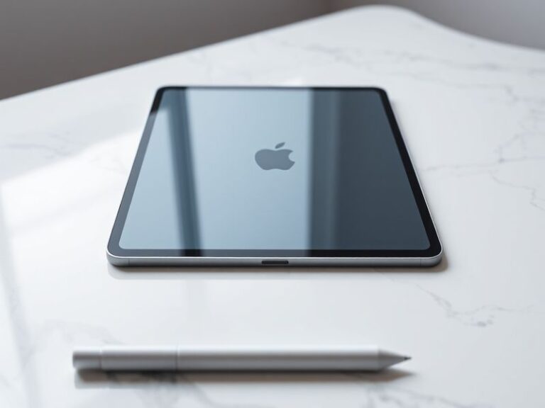 A sleek Apple iPad on a wooden desk, displaying a colorful app interface with a stylus beside it, symbolizing creativity and