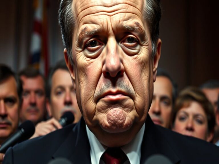 A historical photograph of Richard Nixon during a press conference, showcasing his serious demeanor and the American flag in