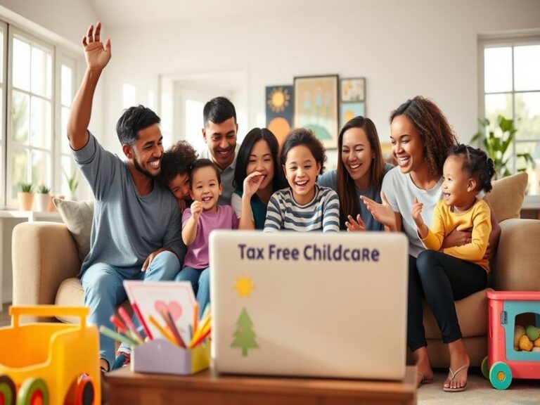 A family happily engaging in a childcare setting, showcasing a warm atmosphere with children playing and parents interacting,