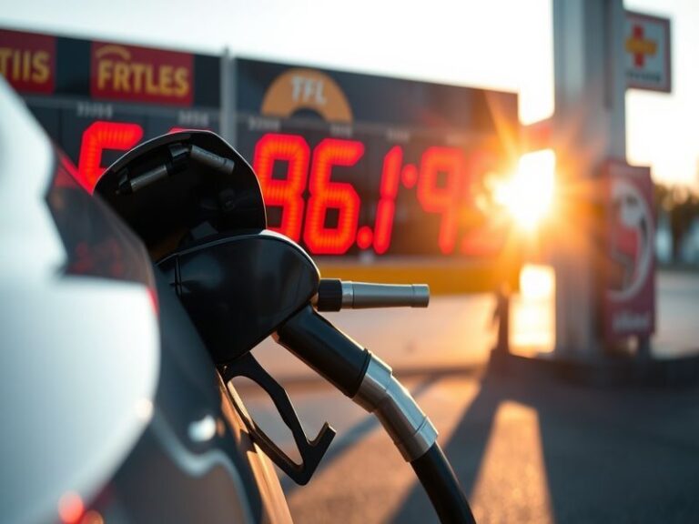 A gas station with fluctuating fuel prices displayed on a digital sign, highlighting the fluctuations in fuel costs.