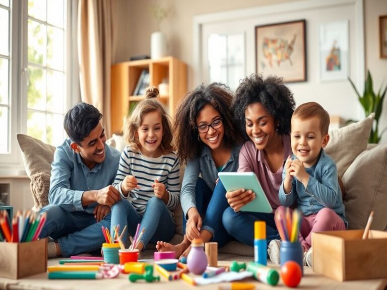 A diverse group of parents interacting with their children in a vibrant childcare setting, showcasing joy and support.
