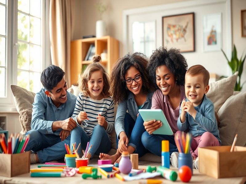 A diverse group of parents interacting with their children in a vibrant childcare setting, showcasing joy and support.