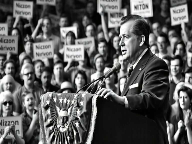 A historical image of Richard Nixon during a press conference, showcasing his serious demeanor and the political atmosphere o