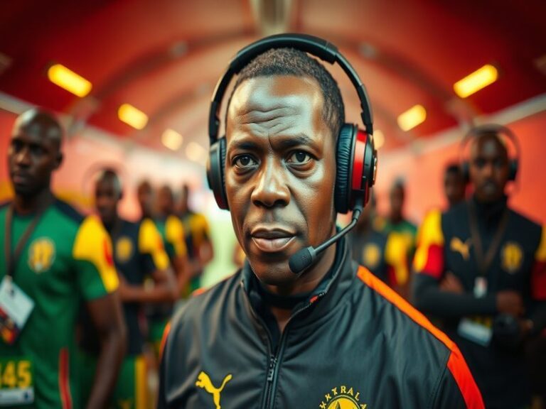 A dynamic image of Otto Addo on the sidelines during a football match, showcasing his focus and determination, with players i