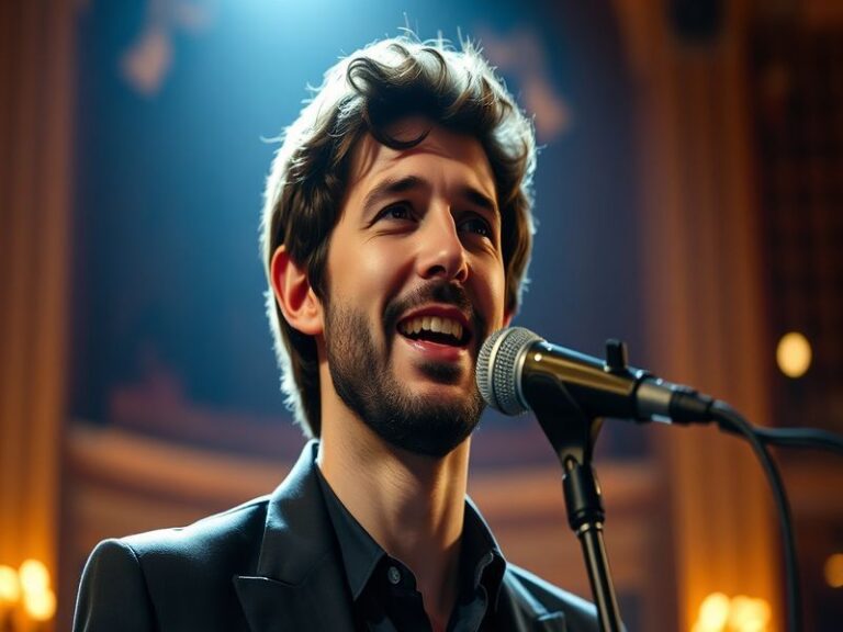 A dynamic concert scene featuring Josh Groban singing passionately on stage, with colorful lights illuminating the audience.