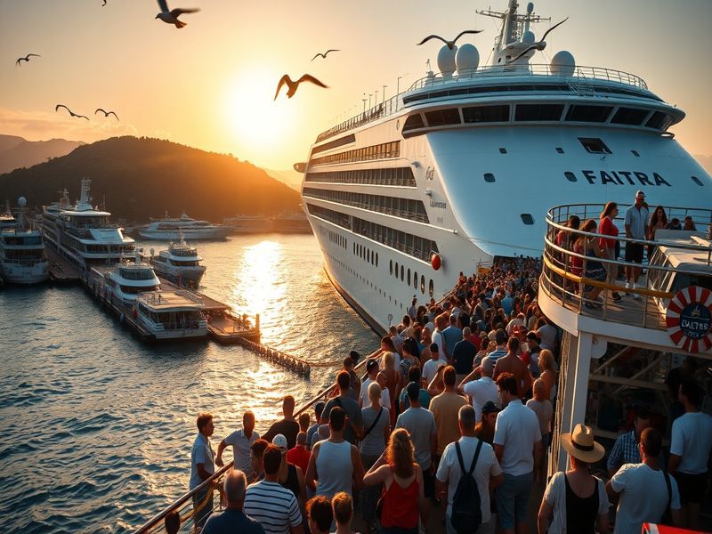 A vibrant cruise ship sailing on calm waters, with passengers enjoying the deck, showcasing a sunny day and a picturesque oce