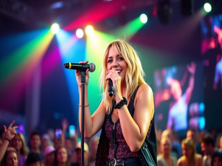 A vibrant portrait of Sarah Harding performing on stage, showcasing her energetic presence and connection with the audience.
