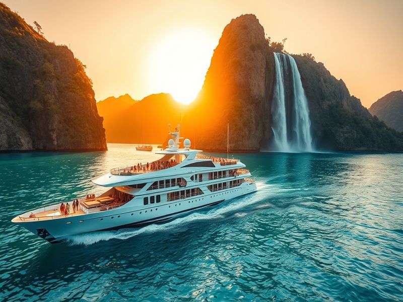 A vibrant image of a cruise ship sailing in clear blue waters, with passengers enjoying the deck, capturing the essence of le