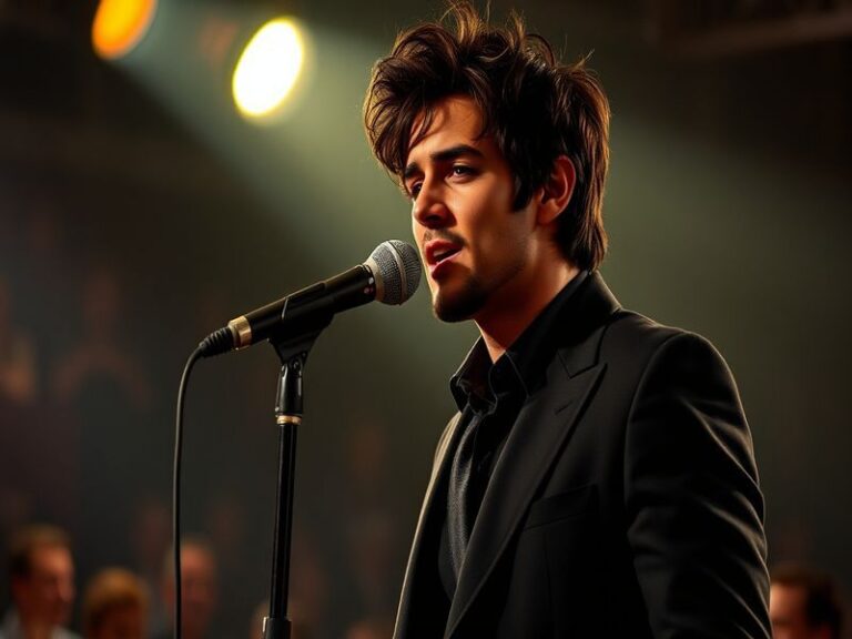 A captivating image of Josh Groban performing on stage, surrounded by vibrant lights and an enthusiastic audience, reflecting