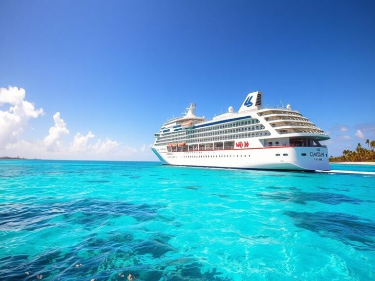 A vibrant cruise ship sailing at sunset, with happy passengers on deck, showcasing the joy of travel and exploration.