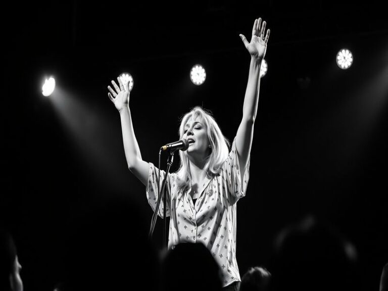 A vibrant portrait of Sarah Harding performing on stage, capturing her energy and charisma, with colorful stage lights in the