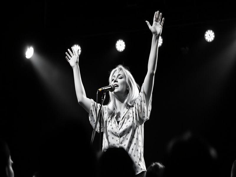 A vibrant portrait of Sarah Harding performing on stage, capturing her energy and charisma, with colorful stage lights in the