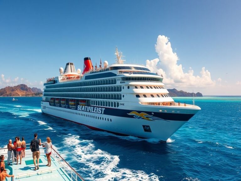 A vibrant cruise ship sailing in clear blue waters, surrounded by picturesque islands, showcasing the joy and adventure of cr