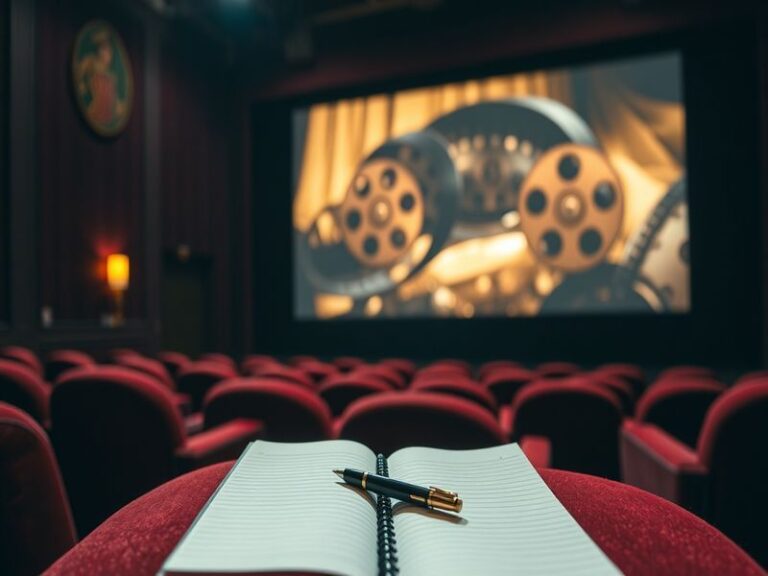 A collage of film reels, popcorn, and a person reading a movie review on a laptop, creating an atmosphere of excitement and a