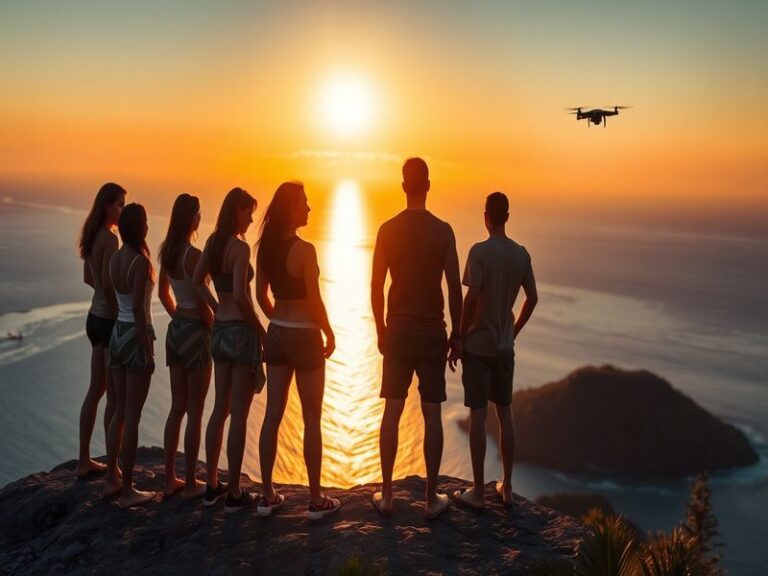 A vibrant scene from the Paradise finale featuring contestants gathered on a beautiful beach, showcasing emotional expression