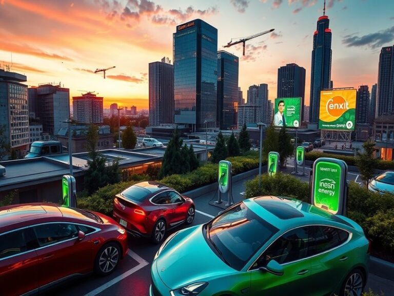 A modern energy facility powered by renewable sources, featuring wind turbines and solar panels under a clear blue sky.