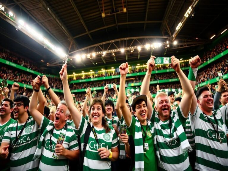A vibrant image of Celtic Park filled with passionate fans, showcasing the club's colors and lively atmosphere during a match