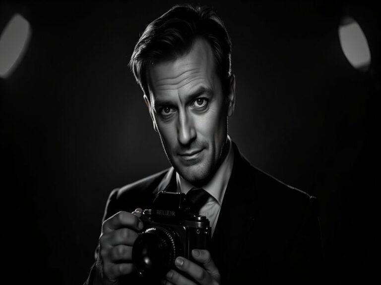 A vibrant portrait of John Rankin in his studio, surrounded by his artwork, showcasing a blend of photography and sculpture,