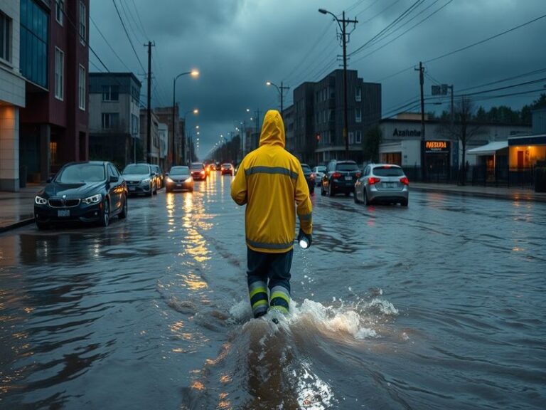An aerial view of a flooded urban area, showing submerged buildings and streets, with emergency response teams in action, emp