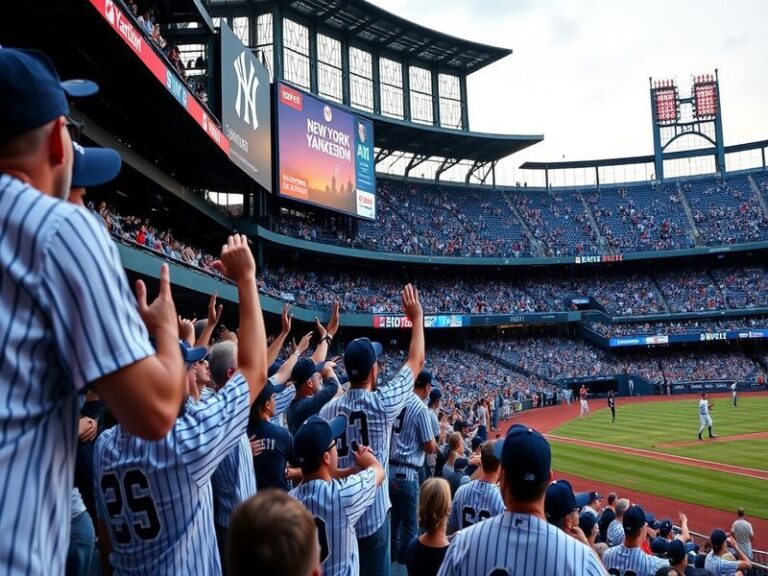 A vibrant image of Yankee Stadium during a game, showcasing enthusiastic fans, the scoreboard displaying the current score, a